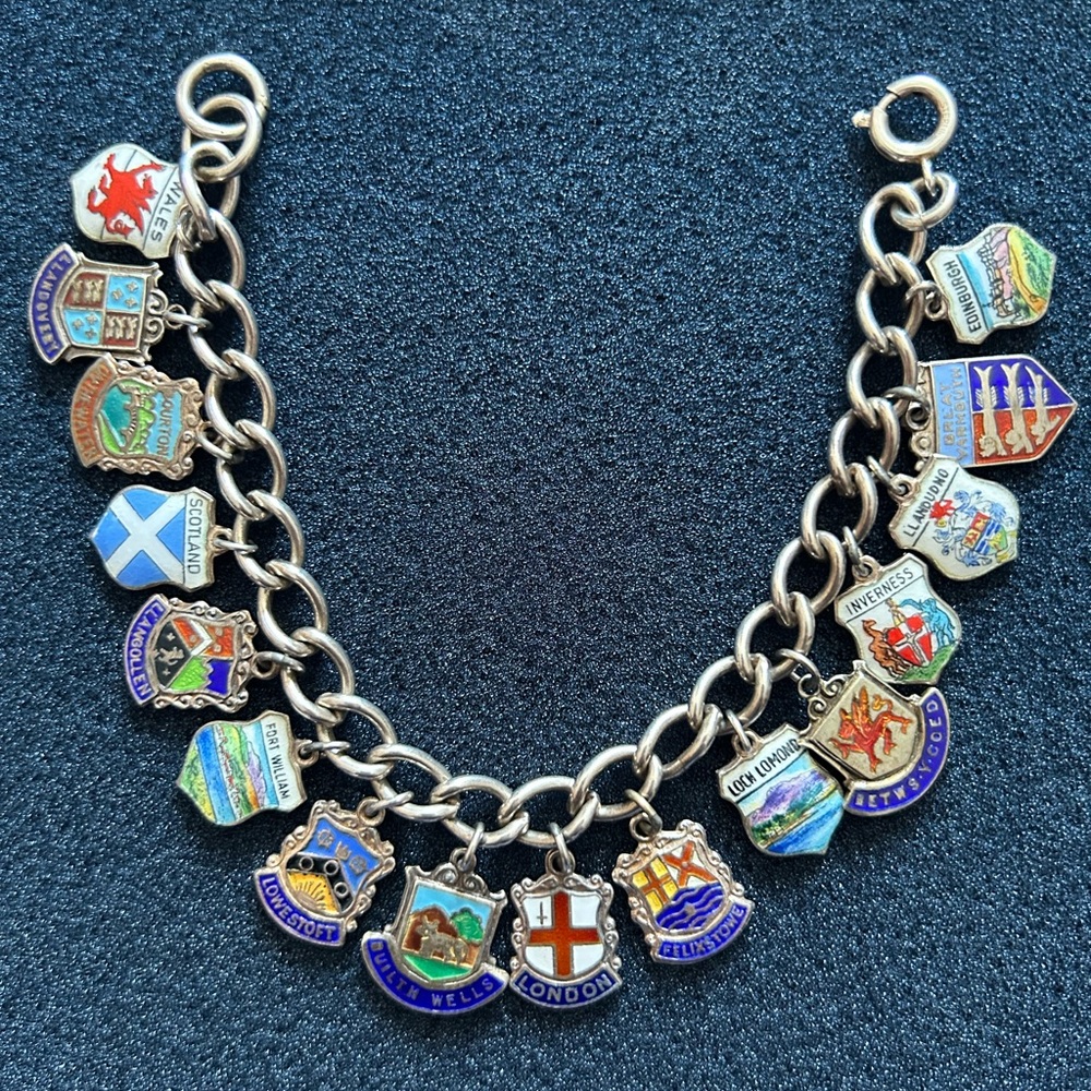 Loaded Rare Vintage Charm Bracelet with 16 Enamel & Silver UK Charms